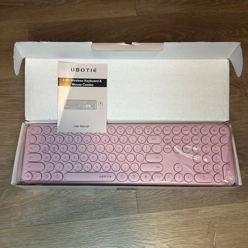 UBOTIE Pink Wireless Keyboard & Mouse Combo Round Key Retro Style